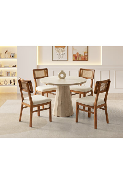 Viento Mobilya Orkide Yuvarlak Traverten Desen MDF Sabit 100X100 Masa 6 Adet ...