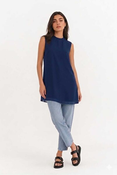 Puane Kadın Bisiklet Yaka Sıfır Kol Önü Şifon Detaylı Tunik İçlik