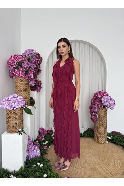 Caddebostan Moda Women's V-Neck Ruffle Stylish Evening Dress, Graduation and ...