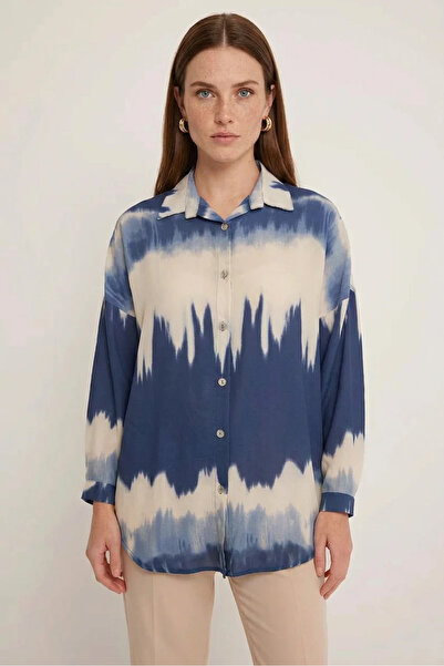 buğrahayalin Women's Oversize Patterned Navy Blue Shirt