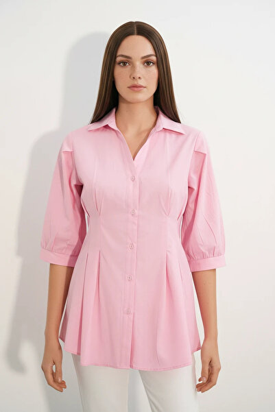 Efnaz style Women's Pleated Skirt with Waistband and Short Sleeves Pink Shirt