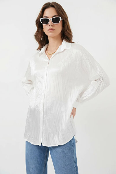 buğrahayalin Women's Crinkled Satin White Shirt