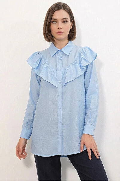 buğrahayalin Women's Shirt Collar Ruffle Detailed Blue Tunic