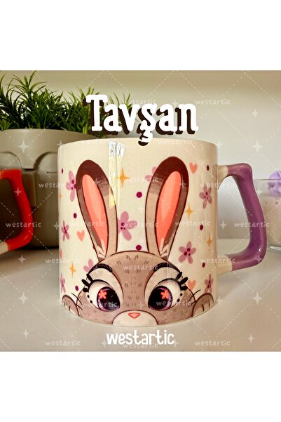 westartic Tavşan Rabbit Mor Çiçekli Tasarım Kupa Bardak Fincan