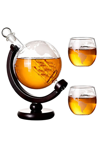 Ayawaska Set carafa whisky 850ml forma glob cu suport lemn si 2 pahare 250ml,...