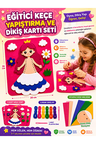 Self Power Eğitici Keçe Yapıştırma ve Dikiş Kartı Seti 3 Adet Kart Çocuk El Becerisi Geliştirici Aktivite Oyuncağı
