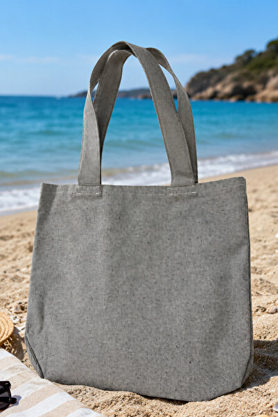 Elegancembroidery Gri Keten Tote Bag Kadın Omuz Çantası Büyük Boy Günlük ve P...