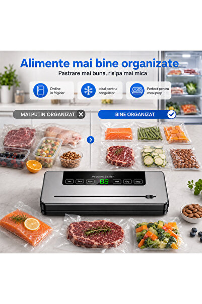 Om Aparat Vidat Alimente 120W 70kPa 5 Moduri Umed Uscat Cutter Display LED Sigilator Vacuum 50 Pungi