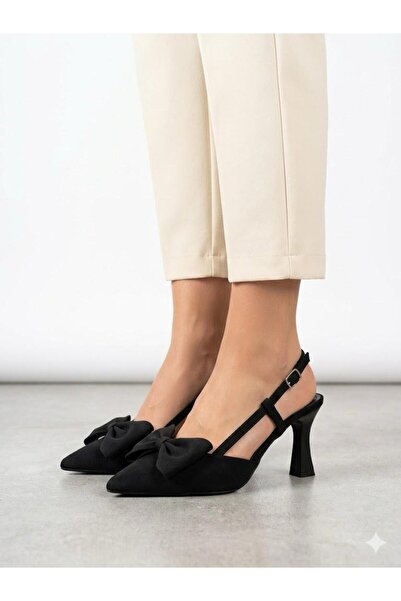 Lütfi Women's Black Satin Bow Detailed Heeled Shoes