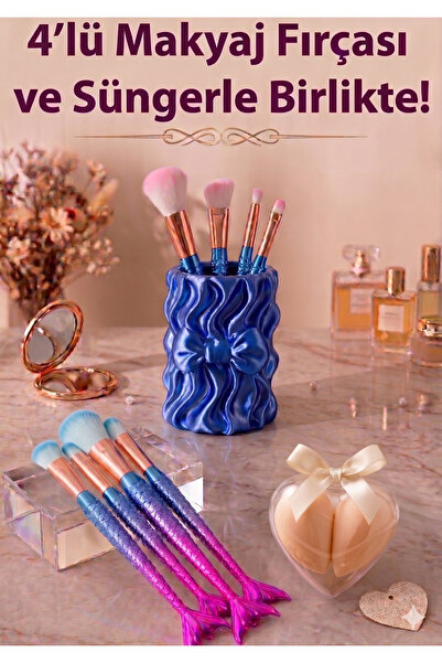 Sue Design Denizkızı Tasarım 4'lü Makyaj Fırçası, Kalp Sünger Ve Lacivert Fır...
