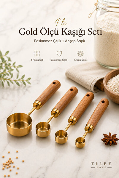 Tilbe Home 4lü Gold Paslanmaz Çelik Ahşap Saplı Ölçü Kaşığı Seti Ölçü Kabı 15...