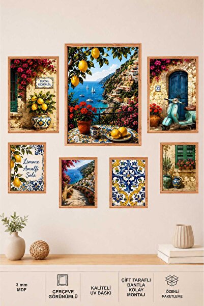 UNT Amalfi Limon Bahçesi ve İtalyan Sahil Manzarası 7 Parça MDF Tablo Seti | ...