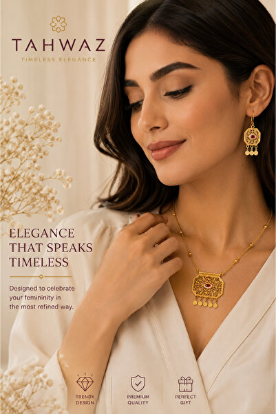 Tahwaz Emerald Femininity Gold-Plated Necklace and Earring Set with Red Stone...