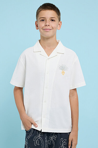 R&B Embroidery Detail Shirt with Revere Collar and Short Sleeves