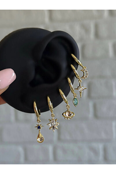 h&b design jewel Çelik Gold Hologram Detay 6 Lı Küpe Seti