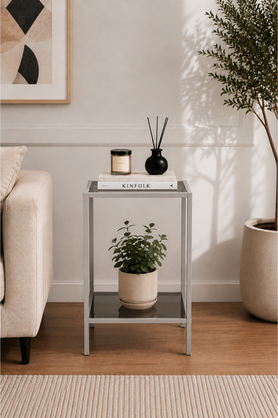 AVİBO HOME Verde Açık Gri Yan Sehpa Metal Füme Cam Raflı Modern Sehpa 30*40*6...
