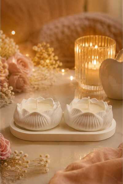 NİVORA HOME Lotus Çiçeği Desenli Mum Seti – Dekoratif Tepsili 2'li Taş Tozu M...