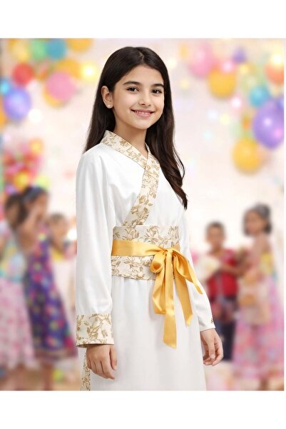 joyland Girls' Royal Long Kimono in White with Gold Embroidery - For ages 2 t...