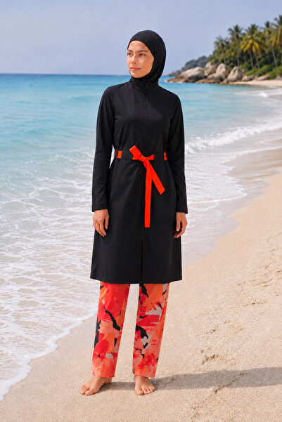 Marina Girl Waitress Boy Hijab Swimsuit Patterned Underneath Orange Belted Bl...