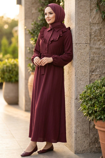N.S NEVA STYLE Ruffle Detailed Dark Burgundy Hijab Dress 20311Kbr