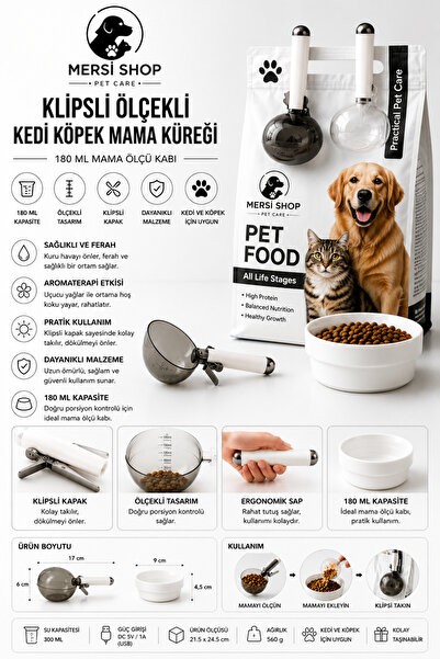 Mersi SHOP Klipsli Ölçekli Kedi Köpek Mama Küreği 180 ml Mama Ölçü Kabı
