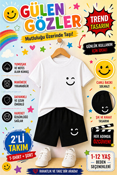 OVERMAX 🌈 Smile Printed Smiling Eyes Kids Set – T-Shirt & Shorts 2-Piece Com...