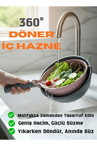 VİLORA HOME Premium 360° Döner Sebze-Meyve Yıkama Süzgeci – Akıllı Çift Katma...