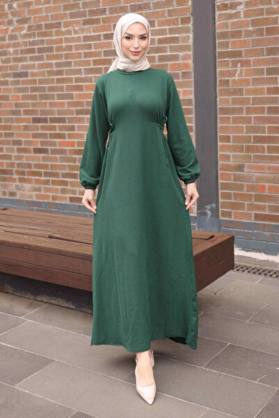 İmajButik Emerald Green Crew Neck Dress with Elastic Waist and Sleeves