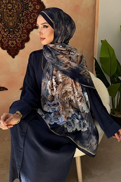 İmajButik Navy Blue Floral Patterned Soft Shawl