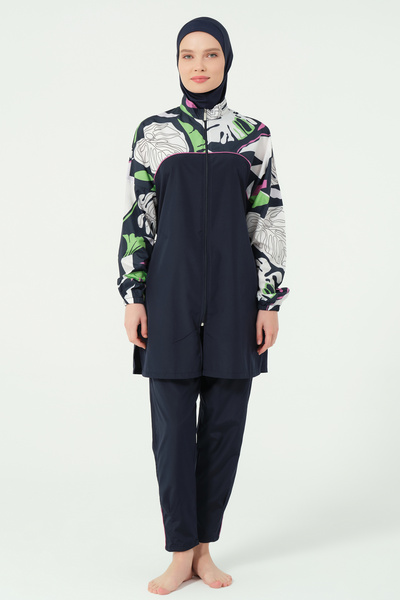 ALFASA Lian Kıl Biye Detailed Full Covered Hijab Swimsuit 25289-26 - Navy Blue