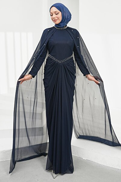 İmajButik Navy Blue Shoulder Cape Pearl Embellished Evening Dress