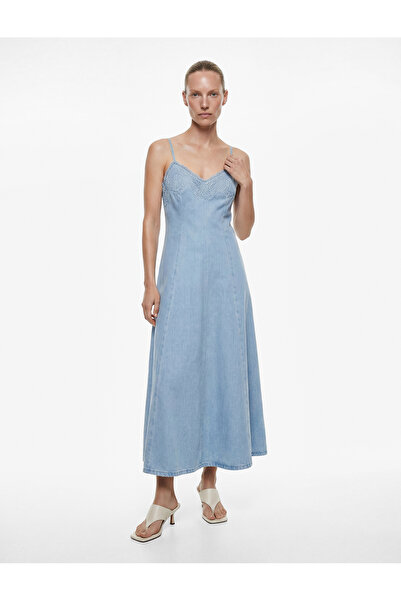 Koton Cotton Lace Detailed V-Neck Sleeveless Midi Denim Dress
