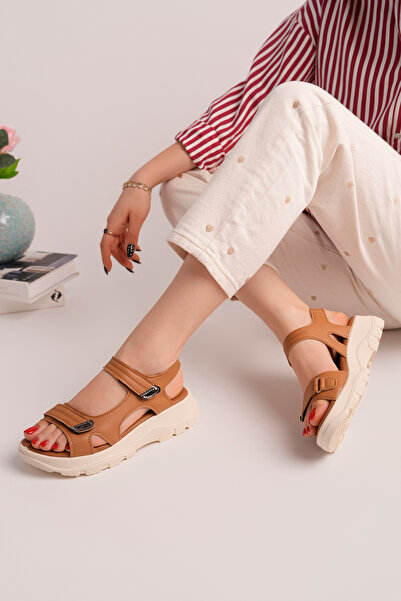 SEFERİ Women's Brown Color Velcro Comfortable Smart Padded Poly Sole Sandals ...