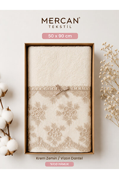 Mercan Tekstil 50x90 cm Dantelli Çeyizlik El Yüz Havlusu Kutulu %100 Pamuk