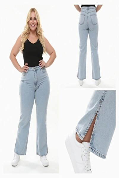 xlargebutik High Waist Lycra-Free Loose Leg Slitted Denim Pants Light Blue