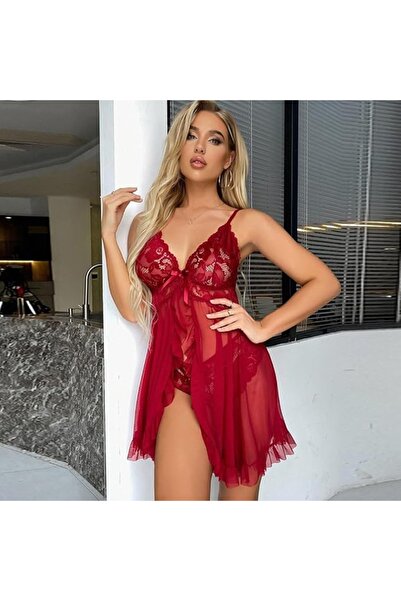 Bleu Petite Red Color Floral Patterned Tulle Stylish Women's Nightgown and Pa...