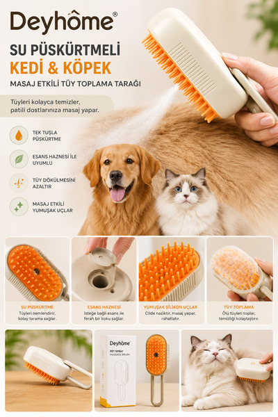 DEYHOME Saplı Su Püskürtmeli Kedi Köpek Fırçası Masaj Etkili Tüy Toplama Tarağı