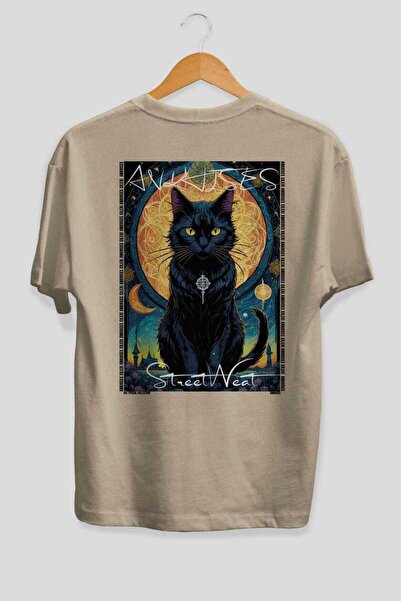 Ankhises Tricou supradimensionat bej cu imprimeu Cat For Cat Lovers, 100% bum...