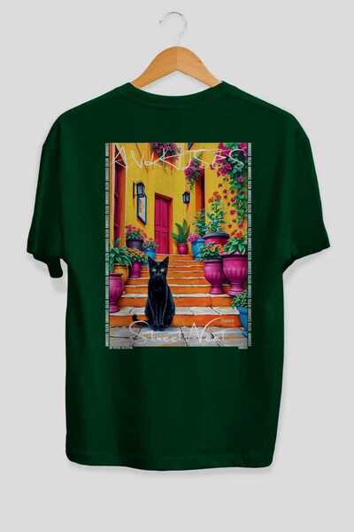 Ankhises For the Love of Cats 55 Cats Printed Green Oversize T-Shirt 100% Cot...