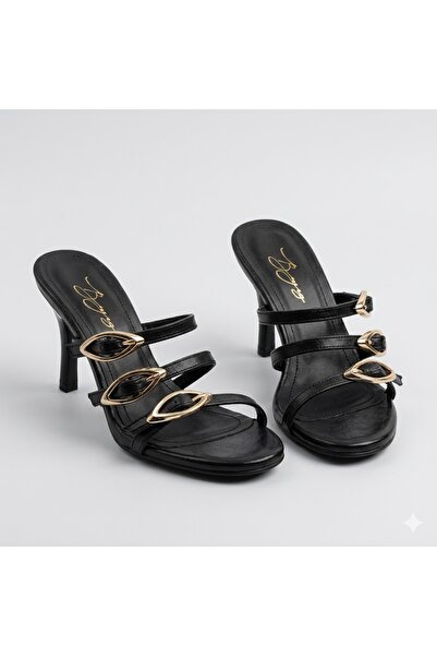 KİNDEP (İnna) Women's Slippers with Buckle Detail and 3 Piping Heels Black
