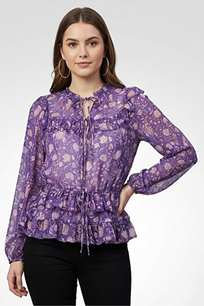 Maje Women Tie Neck Long Sleeve Floral Print Blouse, Multicolor