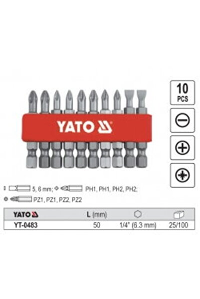 yato Top Bottom Set of 10 bits, YT-0483, 50 mm, Ph1 Ph2 Pz1 Pz2 Silver