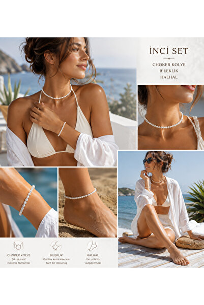 Liora De Mar Premium İnci Takı Seti Choker Kolye Bileklik Halhal Kombini