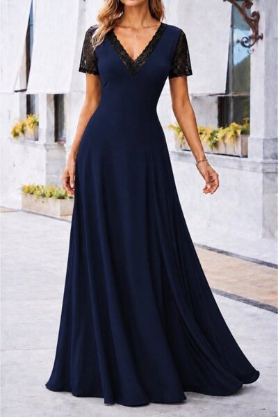 Wear Up Rochie lungă din crep Janjan cu mâneci scurte și decolteu în V pentru...