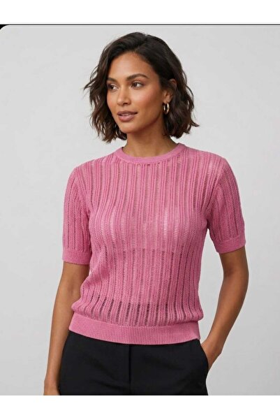 EGEMS Women's Short-Sleeved Summer Perforated Stylish Acrylic Ribbed Sweater