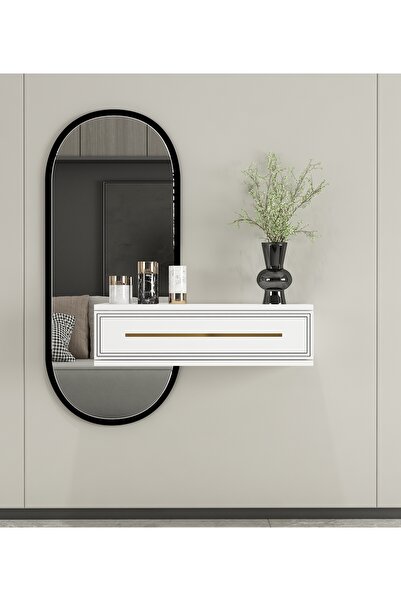 morepp Glow 70cm Duvara Monte Kapaklı Raflı Modern Dresuar Beyaz-Altın