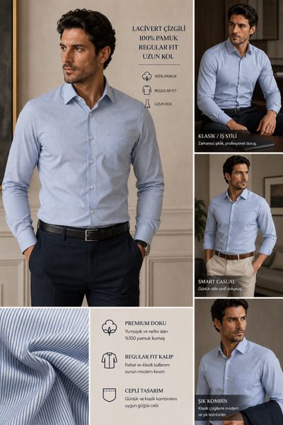 Daniel Bessi Long Sleeve Regular Fit Navy Blue Striped 100% Cotton Classic Me...