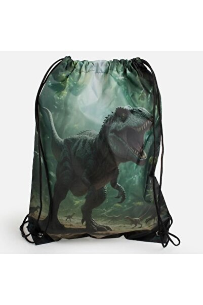 SHOPIENS Rucsac cu dinozauri 33x44 cm, tip sac cu șnur, verde, din poliester,...