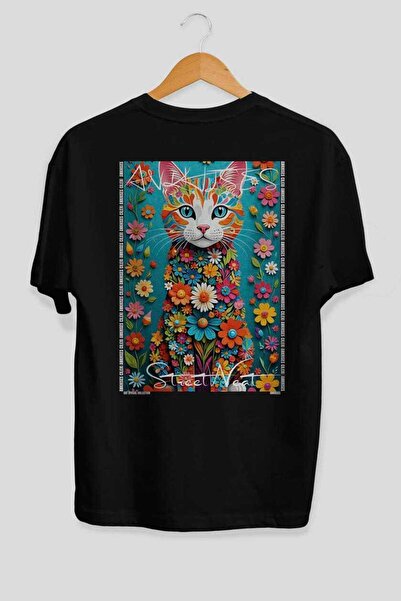 Ankhises For the Love of Cats 7 Cats Printed Black Oversize T-Shirt 100% Cott...