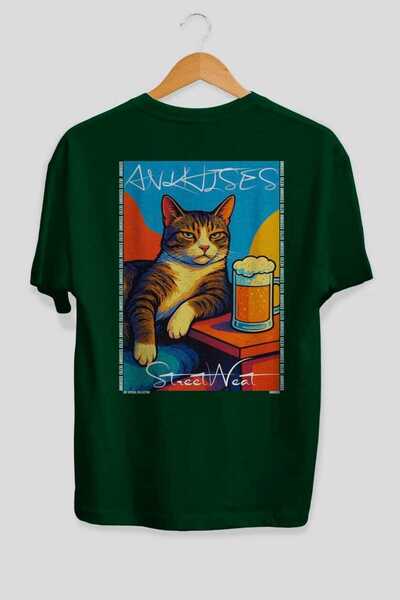 Ankhises For the Love of Cats 62 Cats Printed Green Oversize T-Shirt 100% Cot...